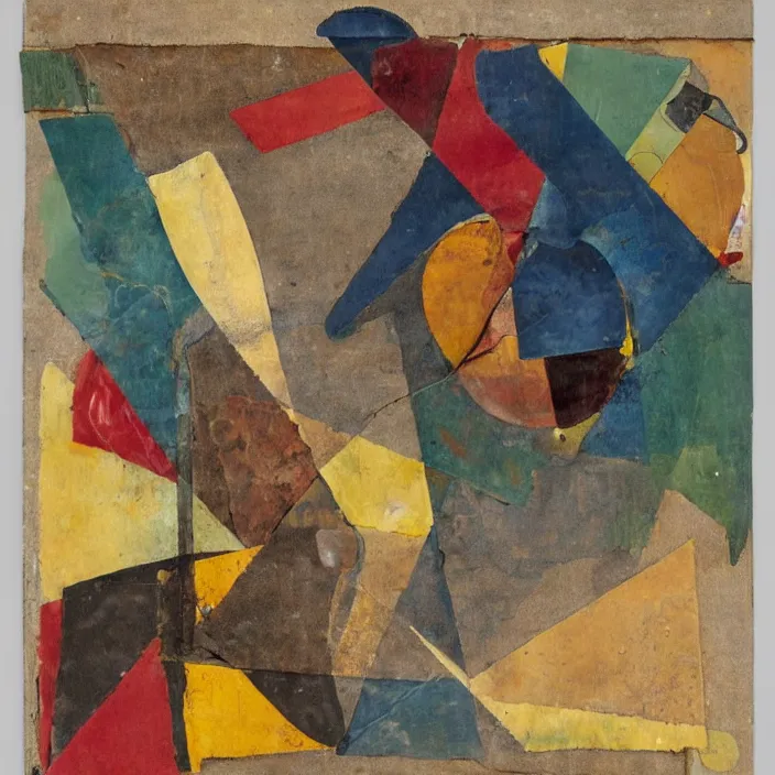 Prompt: an artwork by kurt schwitters, mix of geometric and organic shapes, both bright and earth colors, mixed media