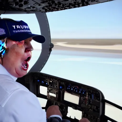 Image similar to Donald Trump in the pilot's seat in an aircraft, screaming, angry, with his hands on the controls, 4k, high quality photograph