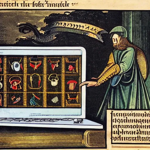 Image similar to advertisement for a laptop computer featuring diagrams and descriptions, medieval illustration, highly detailed historical page