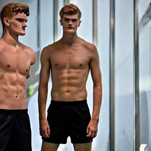 Image similar to a realistic detailed photo of a guy who is an attractive humanoid who is half robot and half humanoid, who is a male android, soccer players martin ødegaard & timo werner, shiny skin, posing like a statue, blank stare, in a factory, on display, showing off his muscles, gold soccer shorts, side view, looking at each other mindlessly