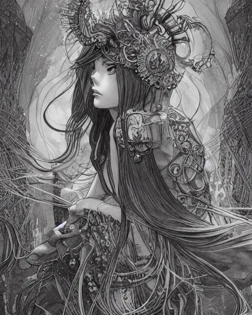 Prompt: maika from monstress comic, beautiful, mesmerizing, concept art, intricate linework, detailed and intricate environment, artstation, inspired by monstress comic, sana takeda