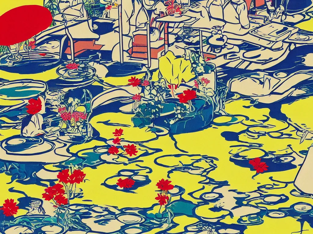 Image similar to close - up image of a japanese house with a pond, stormtroopers sitting around it, in style of pop - art, andy warhol, roy lichtenstein, jackie tsai, bright palette, acrylic on canvas