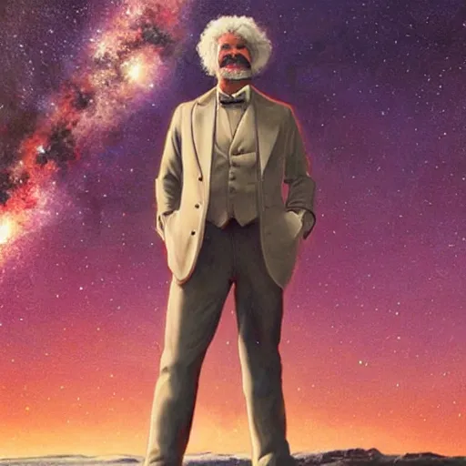 Image similar to mark twain stands at the edge of the universe, artgerm