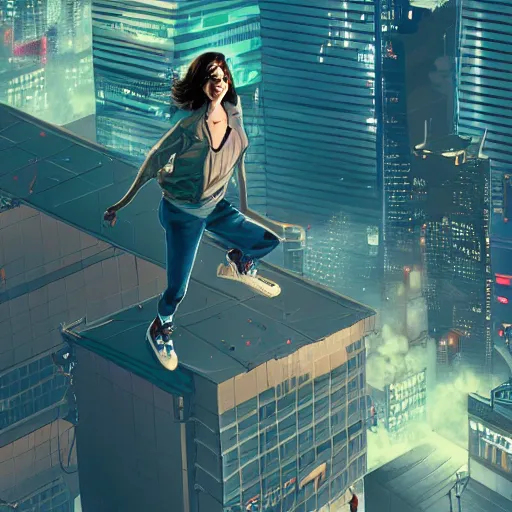 Image similar to Mechanical Aubrey Plaza jumps From rooftop, cyberpunk city background, y2k aesthetic, dramatic lighting, illustration by Anna Tsubaki , Geoff Darrow, 4k, digital art, concept art, trending on artstation