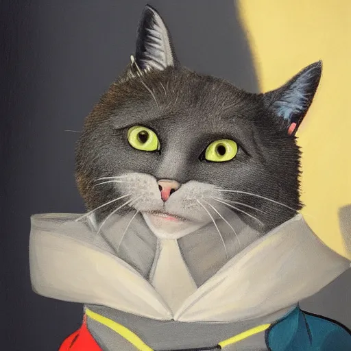 Image similar to Portrait painting of an anthropomorphic gray cat wearing a jacket, as an The Badboys (2022) character, medium shot, asymmetrical, profile picture, Organic Painting, sunny day, Matte Painting, bold shapes, hard edges, street art, trending on artstation, by Huang Guangjian and Gil Elvgren and Sachin Teng