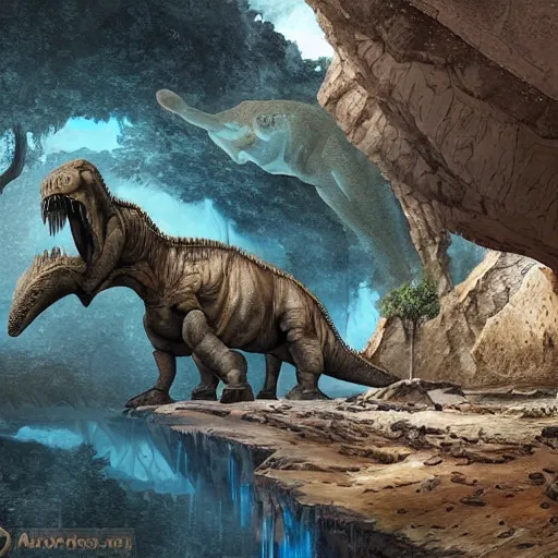 Prompt: Paleo future, technology has destroyed the planet, humanity has gone back to living in caves, hunted by dinosaurs, detailed environment design, 2D concept art