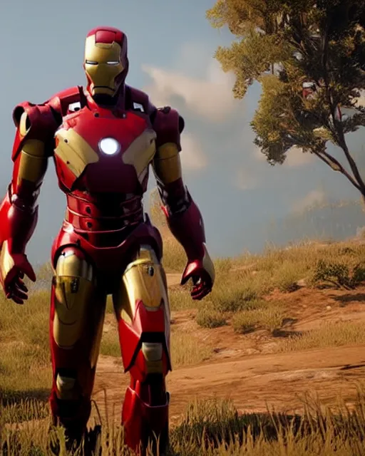 Image similar to robust and bulky iron man suit in red dead redemption 2, cinematic, photorealistic