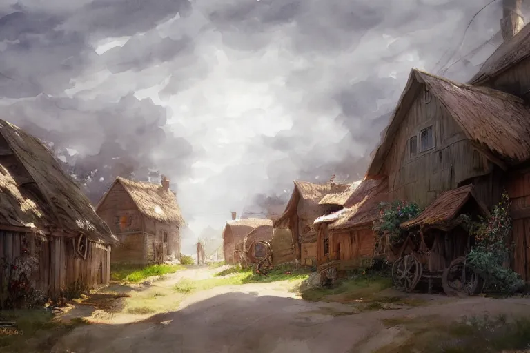 Prompt: watercolor painting of rustic village street, straw roof, scandinavian mythology, ambient lighting and shadows, fog, wheel, barrel, art by hans dahl, by jesper ejsing, art by anders zorn, wonderful masterpiece by greg rutkowski, cinematic light, american romanticism by greg manchess, creation by tyler edlin