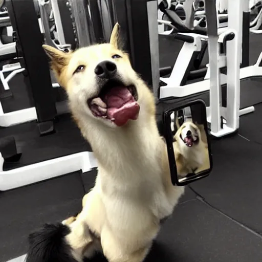 Prompt: mirror selfie of a muscular dog, gym dog