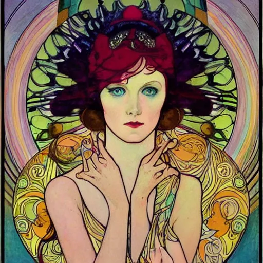 Prompt: The Goddess of Art, paint, ink, palettes, spectrum, in the style of Joshua Middleton, Mucha, Kandinsky