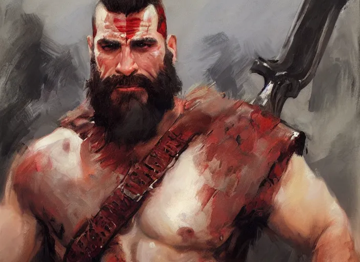 Image similar to a highly detailed beautiful portrait of john travolta as kratos, by gregory manchess, james gurney, james jean