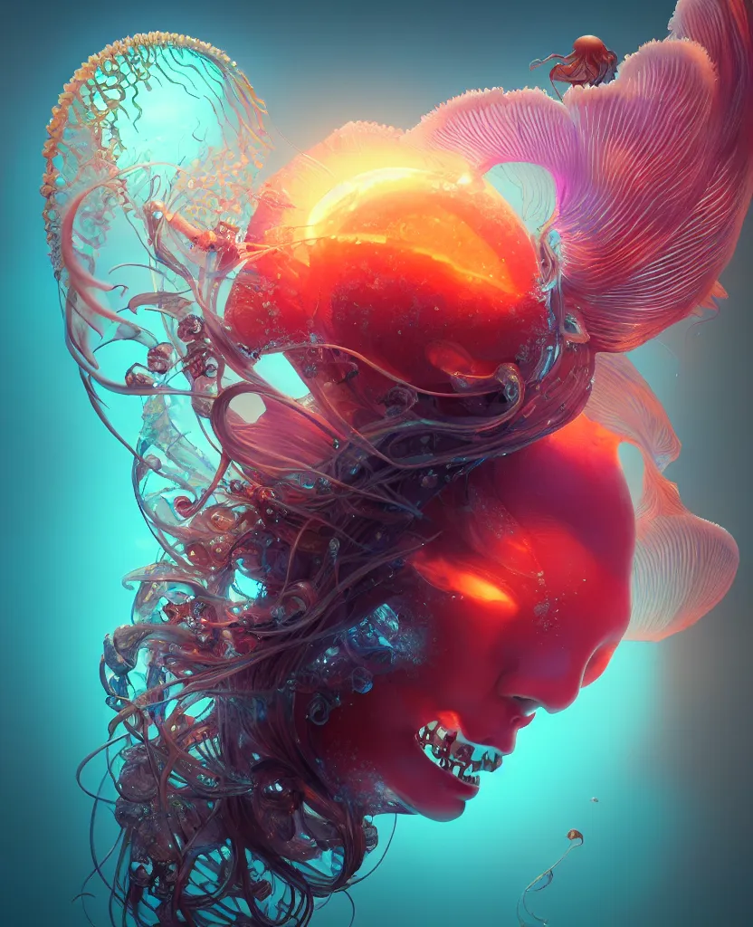 Image similar to goddess close-up portrait. chimera orchid jellyfish phoenix head, nautilus, skull, betta fish, bioluminiscent creatures, intricate artwork by Tooth Wu and wlop and beeple. octane render, trending on artstation, greg rutkowski very coherent symmetrical artwork. cinematic, hyper realism, high detail, octane render, 8k