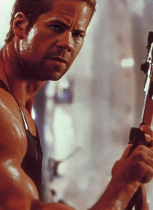 Image similar to film still of Paul Walker as John McClane in Die Hard, 4k