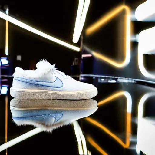 Image similar to nike shoe made of very fluffy white and gold faux fur placed on reflective surface, professional advertising, overhead lighting, heavy detail, realistic by nate vanhook, mark miner