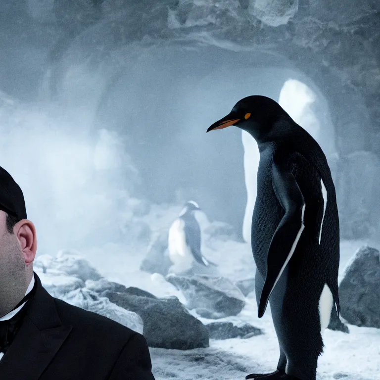 Image similar to mike stoklasa as the penguin, movie still, 8 k, hdr, atmospheric lighting