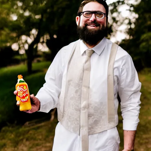 Image similar to man with short beard grinning sinisterly in a wedding dress holding a bottle of sriracha