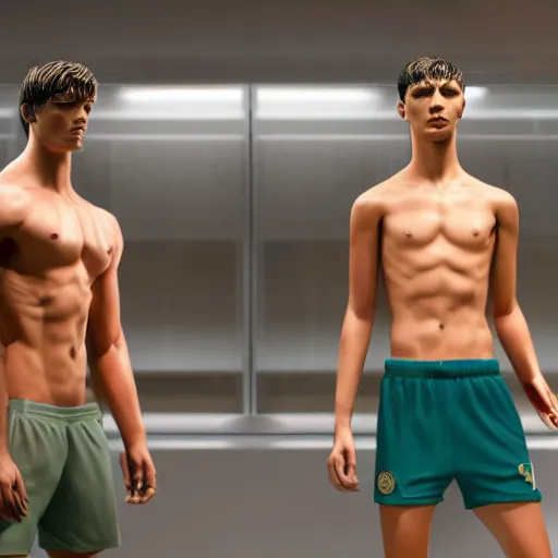 Image similar to a realistic detailed photo of a guy who is an attractive humanoid who is half robot and half humanoid, who is a male android, attractive and handsome soccer players, shiny skin, posing like a statue, blank stare, in a factory, on display, showing off his muscles, gold soccer shorts, side view, looking at each other mindlessly