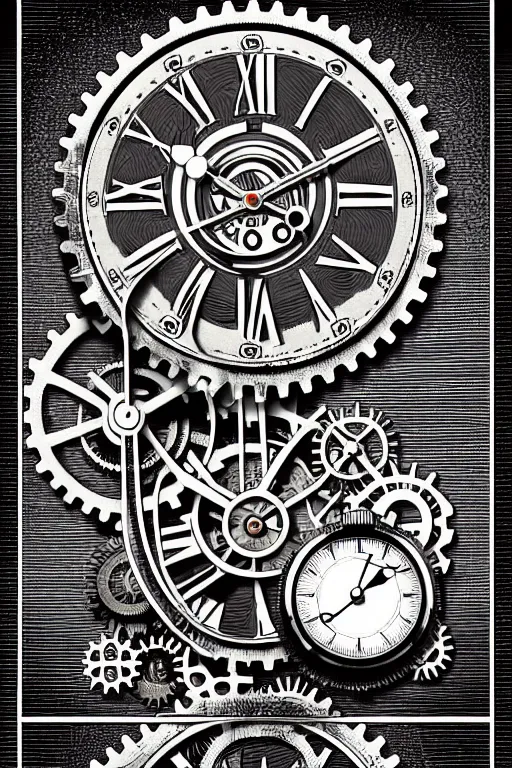 Image similar to hyper realistic steampunk gears and clock with tourbillon, no numbers, white background, dark and gothic, full frame, art by james o barr and albrecht durer, surreal woodblock print, black and white, vector, vector art