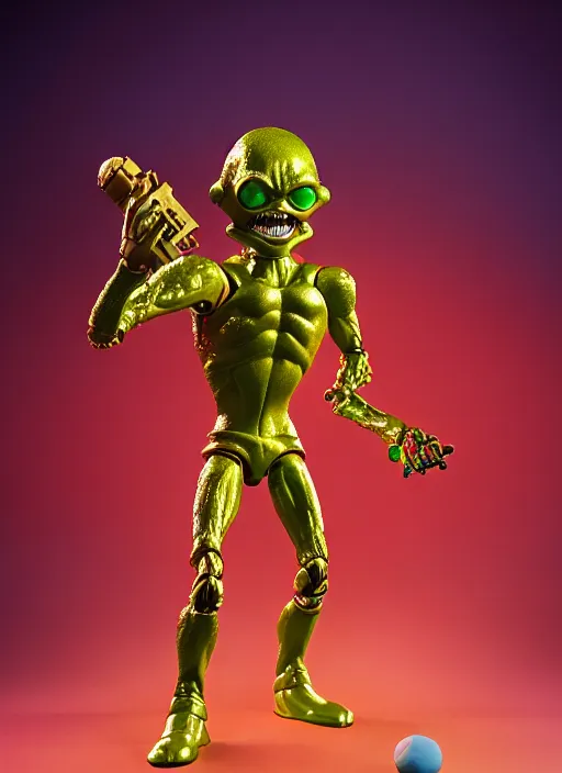 Image similar to hyperrealistic rendering, shiny mars attacks martian by and richard corben and jeff easley, product photography, action figure, sofubi, studio lighting, colored gels, rimlight, backlight