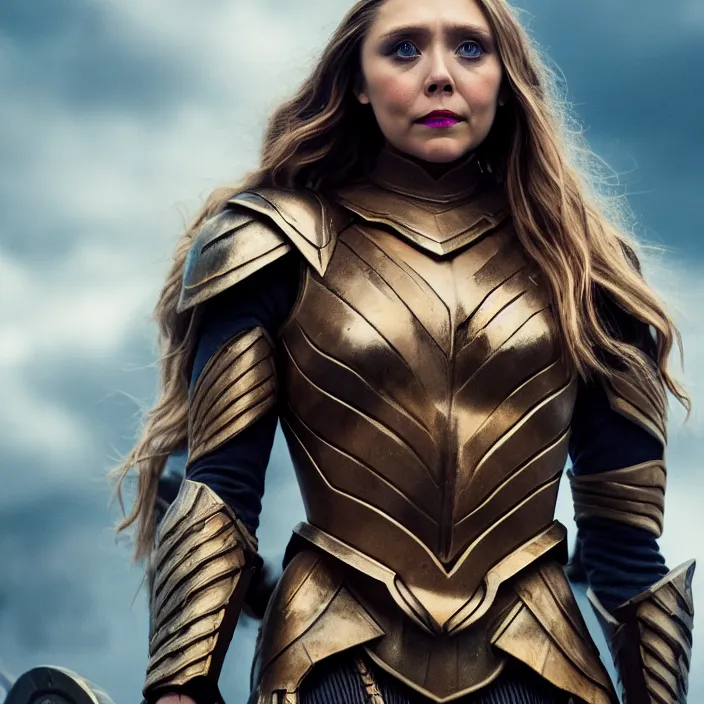 Prompt: professional full length photograph of elizabeth olsen as a valkyrie warrior. Extremely detailed. 8k