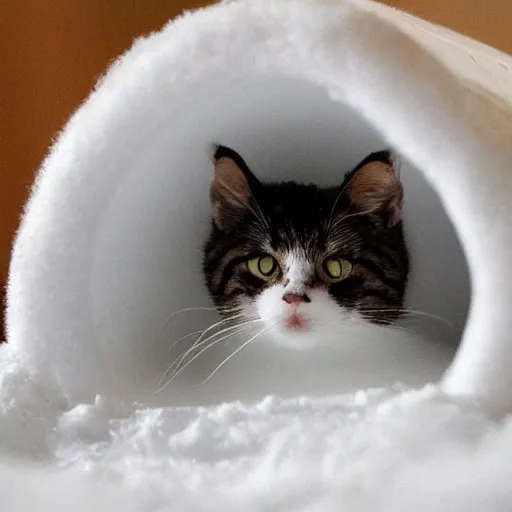 Prompt: cute!!! cat peeking its head out an igloo, 33mm, close up photo