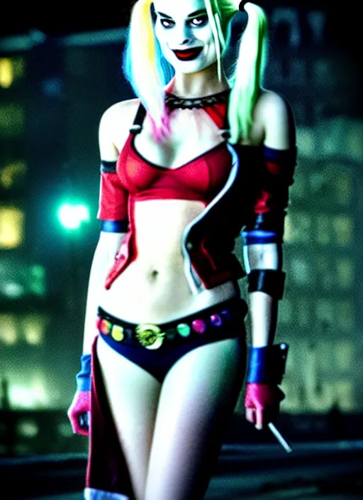 Prompt: 2 8 mm photo of beautiful suicide squad happy margot robbie with long white hair that looks like harley quinn standing on the wet street of dystopian gotham city at night, angry frown, seductive camisole, pinup model, glamour fashion pose, frank miller, jim lee, cinematic, ridley scott, lens flare, annie leibowitz