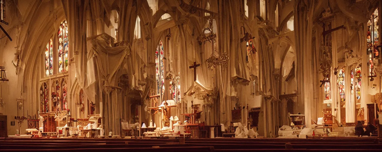 Prompt: interior of a church with a large cross on the podium covered in spaghetti, worshippers in the pews in the background, canon 5 0 mm, cinematic lighting, photography, retro, film, kodachrome, closeup