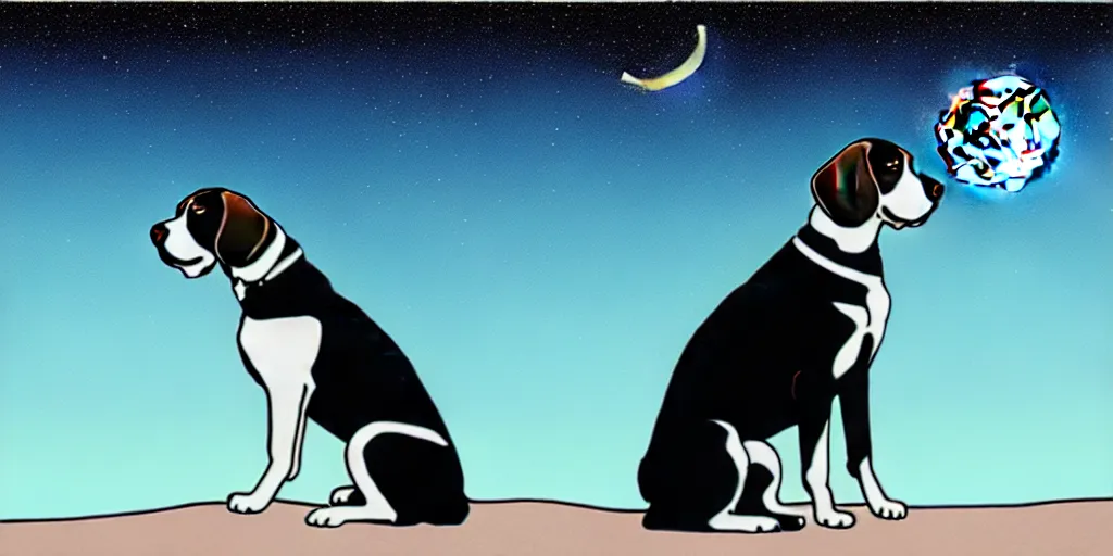 Image similar to highly detailed illustration of black beagle watching the moon