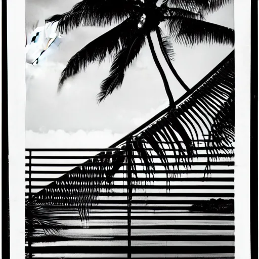 Prompt: miracle musical Hawaii part ii album cover, showing an ocean in the background, spiral transparent stairs on the left with tall palm trees behind it, a slight rainbow in the background, white outline border, moon in the right top area black and white