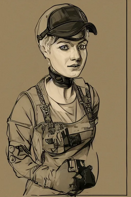 Image similar to portrait of a military engineer woman with short white hair, wearing overalls, medium shot, portrait, concept art, vector line art, natural lighting, somber, solemn, serious, illustration, highly detailed, artstation,