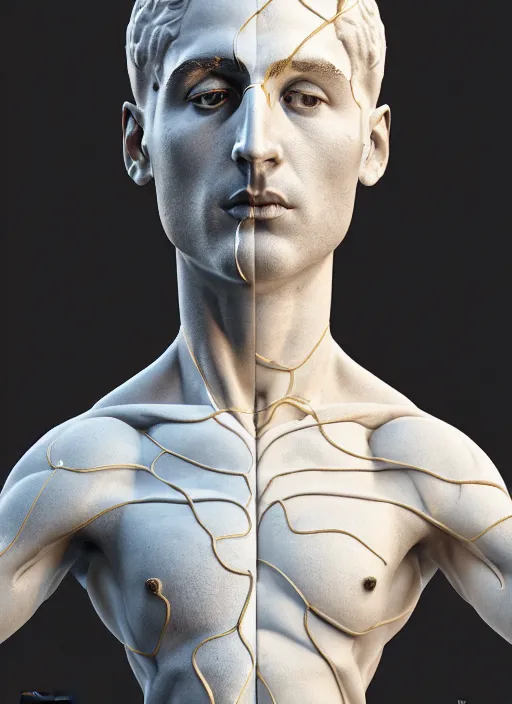 Image similar to a statue made of white marble with gold veins, of klay thompson, transhumanism, full body shot, perfect symmetrical body, perfect symmetrical face, hyper realistic, hyper detailed, by johannen voss, by peter kemp, by monia merlo, by michelangelo, octane render, blender, 8 k