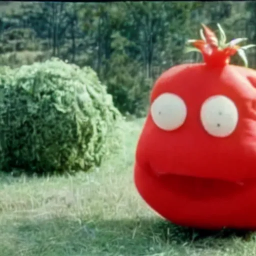 Image similar to film still of the rock in a tomato costume