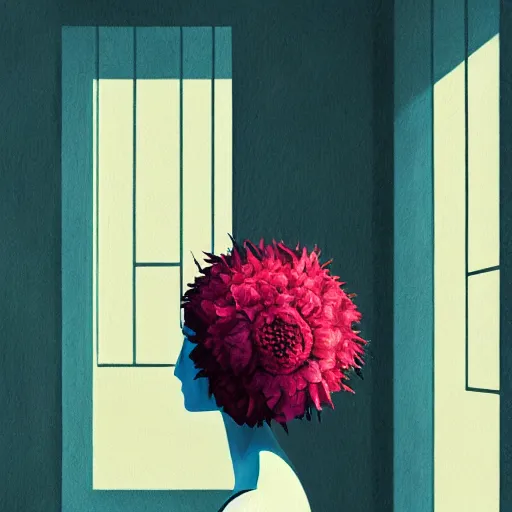 Image similar to closeup, giant flower head, woman next to modern windows, luxury apartment, surreal photography, dramatic light, impressionist painting, digital painting, artstation, james gilleard