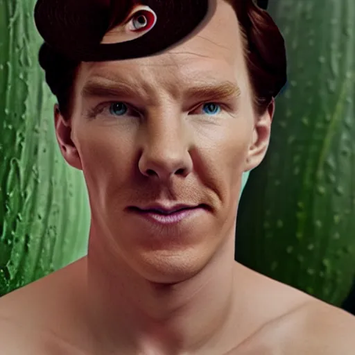 Prompt: hyperrealistic film still of benedict cumberbatch disguised as a cucumber, surreal photography