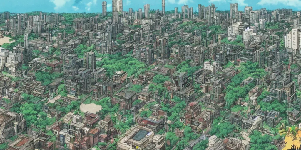 Prompt: screenshot from a studio ghibli anime movie about a forest city, kowloon walled city, ruined buildings, animals and robots