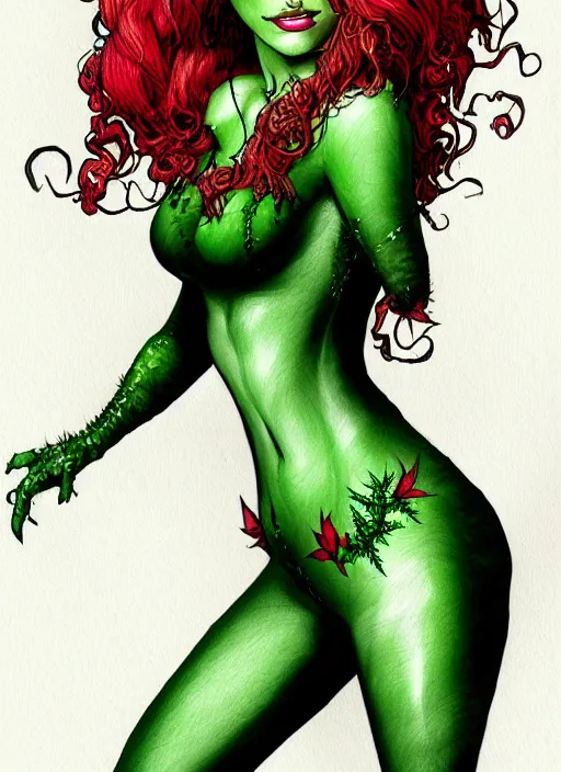 Image similar to concpet art, full shot, traditional ink, sketch, of poison ivy, line sketch, intricate, elegant, highly detailed, monochrome, digital painting, artstation, concept art, green, black, red ink sharp focus, illustration, art by borderlands 3 and peter polach