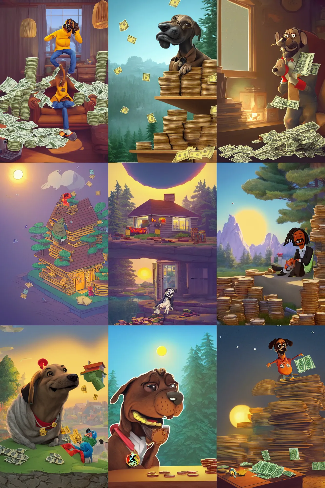 Prompt: a wholesome cottagecore illustration of a happy cartoon Snoop Dogg surrounded by stacks of money and bitcoin, rich mans stash, raining money, Pixar and Disney animation, sharp, Rendered in Redshift and Unreal Engine 5 by Greg Rutkowski, Bloom, dramatic lighting, sunrise