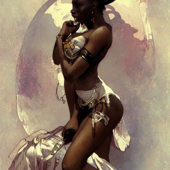 Image similar to african domme mistress, dominatrix full body, dominatrix, tribal, smooth white tight clothes, ornate, very beautiful, concept art, realistic painting, digital art by greg rutkowski, by alphonse mucha