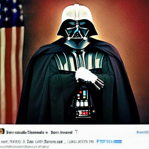 Image similar to bernie sanders wearing darth vader costume. photo portrait by Annie Leibowitz