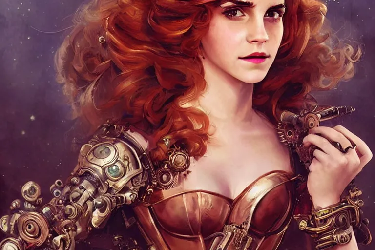 Image similar to three-quarters pose portrait of Emma Watson as a beautiful Lady Mechanika, very beautiful young woman, ginger wavy hair, Victorian-era push-up underwire. Intricate, steampunk imagery themed, D&D!, fantasy style, sharp focus!, ultra detailed, art by Artgerm and Peter Andrew Jones