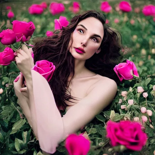 Prompt: fine art photo of the beauty gal gadot, she is on the floor and merging from pink roses, taken by oleg oprisco