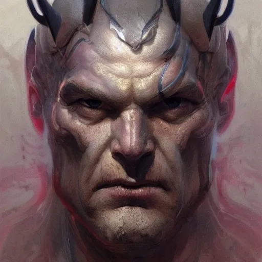 Image similar to portait of half zeus face half devil, glowing eyes, marvel comics, dark, intricate, highly detailed, smooth, artstation, digital illustration by ruan jia and mandy jurgens and artgerm and wayne barlowe and greg rutkowski and zdislav beksinski