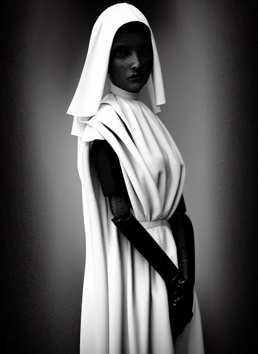 Image similar to surreal mythical dreamy dark artistic black and white fine art fashion portrait photo of a young beautiful delicate female robot - nun, rim light, cinematic, studio dramatic light, poetic, masterpiece, octane render, 8 k, photo - realistic by gustave dore william black