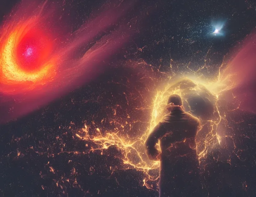 Image similar to a high resolution color photo of a sad man being strangled by the collapse of the universe while in a black hole on a vintage computer screen, burning building, storm, fire, earthquake, debris