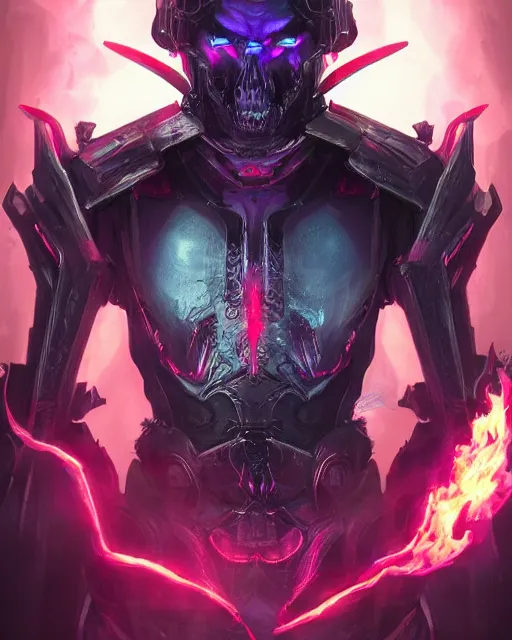 Prompt: a deathly portrait of ankou the evil lord staring with anger and wearing futuristic armor with sci fi panel cuts, death and corruption, smooth, intricate, sinister, evil energy, souls of the dead, neon glowing spells, matte painting, artstation, cinematic color scheme, dark fantasy sci fi, sharp focus, cgsociety