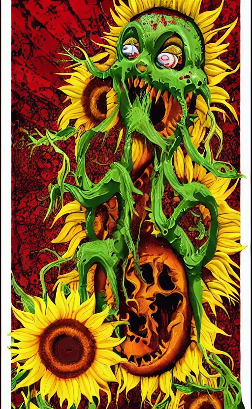 Image similar to 8 k cursed with necronomicon horrorcore cel animation poster depicting sunflowers spattered with blood, intricate, metropolis, 1 9 5 0 s movie poster, post - processing, vector art