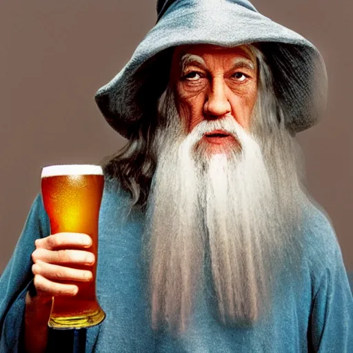 Image similar to photo portrait of gandalf drinking a beer, by annie leibovitz, sharp focus