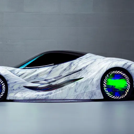 Image similar to concept porsche car with iridescent paint and wings at the sides, full shot, octane, cinematic, highly detailed, reflective marble floor, studio light, photograph by Rémi Dargegen