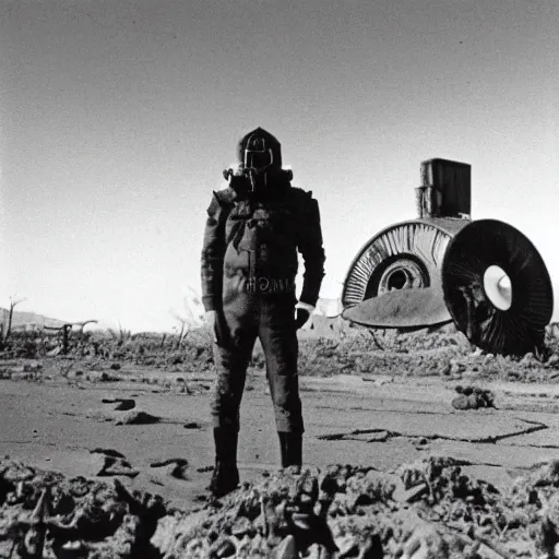 Image similar to portrait of irradiated post apocalyptic nuclear wasteland 1950s future black and white award winning photo highly detailed Arriflex 35 II, lighting by stanley kubrick