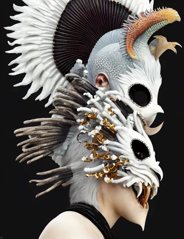 Image similar to 3 d goddess close - up profile simple portrait punk with mohawk with ram skull. beautiful intricately detailed japanese crow kitsune mask and clasical japanese kimono. betta fish, jellyfish phoenix, bio luminescent, plasma, ice, water, wind, creature, artwork by tooth wu and wlop and beeple and greg rutkowski